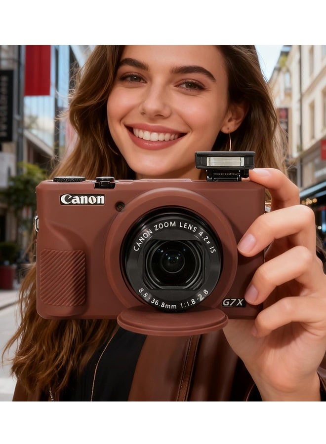 حافظة سيليكون مع واقي شاشة من الزجاج المقوى لكاميرا Canon Powershot G7 X Mark III الرقمية غطاء واقي ناعم من السيليكون مع غطاء عدسة قابل للإزالة مضاد للانزلاق ومضاد للخدش باللون البني - Image 2